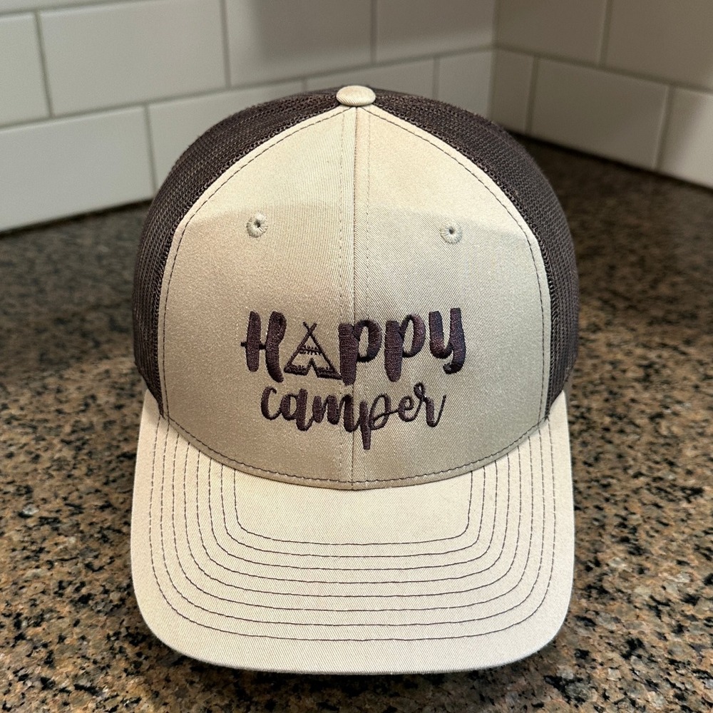 Happy Camper Richardson Style 112 Trucker Hat Snapback Brown Beige